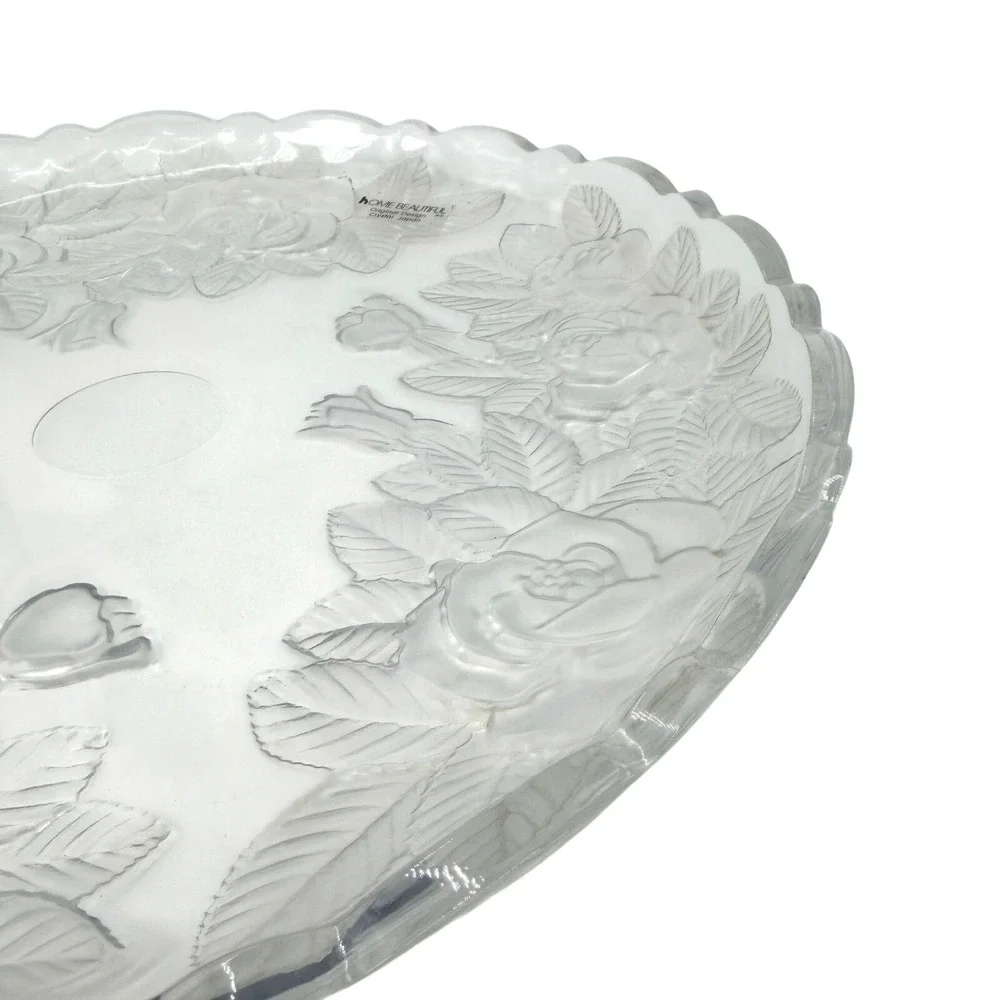 Home Beautiful Crystal Japan Frosted Rose Scalloped Round‎ Platter Serving Tray